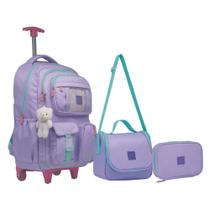 Kit Mochila Feminina De Rodinha Juvenil Escolar Com Chaveiro Urso Abertura 180