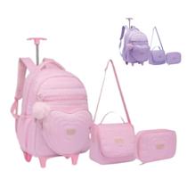 Kit Mochila Feminina Escolar Juvenil Coração Rosa Lilás