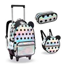 Kit Mochila Feminina Holográfica Escolar Lancheira E Estojo