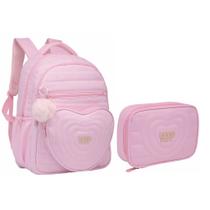 Kit Mochila Feminina Juvenil Escolar Com Estojo E Pompom