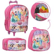 Kit Mochila Feminina Juvenil Princesas Rodinha Reforçada