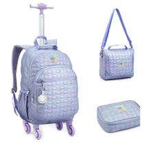 Kit mochila Feminina Rodinhas C/ Lancheira + Estojo Box Lilás - Denlex