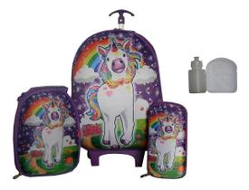 Kit Mochila Feminina Unicórnio Infantil Roxa Rodinhas