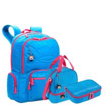 Kit Mochila Grande 2 Compartimentos mais Lancheira 2 Compartimentos e Estojo Box Especial Paul Frank Classics Azul - Aquamarine
