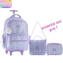 Kit Mochila Grande Com Rodas Estampa Arco Íris Candy Vertical Exterior em PVC Escolar Feminina