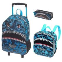 Kit Mochila Grande Com Rodinha Lancheira Estojo Tubarão Kit Mochila Grande Com Rodinha Lancheira Estojo Tubarão