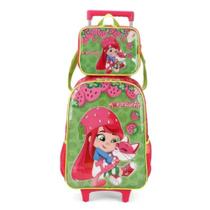 Kit Mochila Grande Com Rodinha Lancheira Moranguinho Verde Kit Mochila Grande Com Rodinha Lancheira Moranguinho Verde