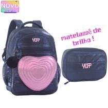 Kit Mochila Grande Coração Glitter Candy Collor Com Chaveiro e Estojo Feminina Escolar