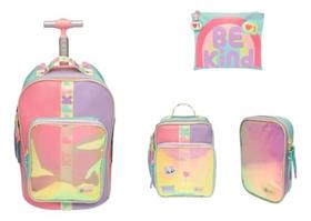Kit Mochila Grande De Rodinha Color Block Holográfica Puket Kit Mochila Grande De Rodinha Color Block Holográfica Puket