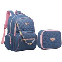 Kit Mochila Grande Escolar Estojo Box Juvenil Jeans Matelasse Teen Feminina