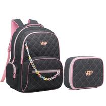 Kit Mochila Grande Escolar Estojo Box Juvenil Jeans Matelasse Teen Feminina