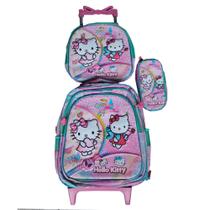 Kit Mochila Hello Kitty em 3D com Rodinhas + Lancheira Térmica + Estojo Escolar Infantil