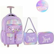 Kit Mochila Holográfica Love Escolar Juvenil 2 Rodas Feminino Passeio Escolar Metalizado Lancheira T
