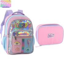Kit Mochila Holográfico Rainbow Feminina Com Estojo Escolar Juvenil