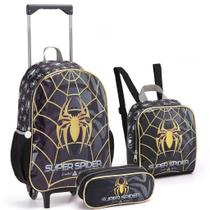 Kit Mochila Homem Aranha Rodinha Super Spider Black Lancheira Estojo Escolar