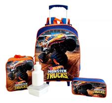 Kit Mochila Hot Wheels Monster Truck Tiger Shark Rodinhas G