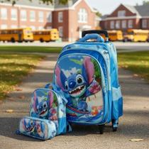 Kit Mochila Impermeável Rodinha com Lancheira Térmica e Estojo Stitch 3d Azul Kit Mochila Impermeável Rodinha com Lancheira Térmica e Estojo Stitch 3d Azul