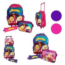 Kit Mochila Infantil 15 Litros com Rodinha Tema Princesa Rosa / Roxa Escolar com 3 Peças Mochila Estojo Lancheira