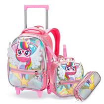 Kit Mochila Infantil 16 + Estojo + Lancheira Unicórnio Pop Dlx