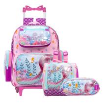 Kit Mochila Infantil Com Rodinha Sereia + Lancheira Térmica