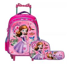 Kit Mochila Infantil com Rodinhas Princesinha Sofia em 3D + Lancheira Térmica + Estojo Escolar