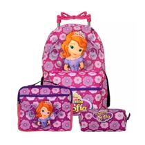 Kit Mochila Infantil com Rodinhas Princesinha Sofia + Lancheira Térmica + Estojo Escolar