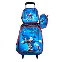 Kit Mochila Infantil com Rodinhas Sonic em 3D + Lancheira Térmica + Estojo Escolar
