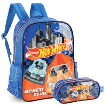 Kit Mochila Infantil Costas e Estojo HOT WHEELS Luxcel Azul