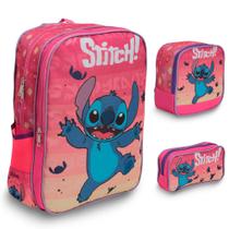 Kit Mochila Infantil Costas Stitch Grande Resistente 3 Pçs