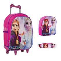 Kit Mochila Infantil De Rodinhas Frozen Princesas Cor Rosa