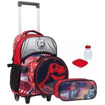 Kit Mochila Infantil Dinossauro 2 em 1 Alças Rodinhas Tam G Lancheira Térmica Estojo Duplo