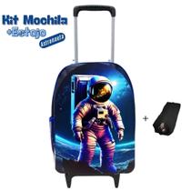 Kit Mochila Infantil Escolar Carrinho + Estojo Astronauta Resistente Prática Volta às Aulas