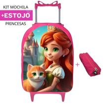 Kit Mochila Infantil Escolar Carrinho + Estojo Princesa Gatinho Prática Resistente Volta às Aulas