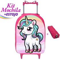 Kit Mochila Infantil Escolar Carrinho + Estojo Unicórnio Baby Prática Resistente Volta às Aulas Kit Mochila Infantil Escolar Carrinho + Estojo Unicórnio Baby Prática Resistente Volta às Aulas