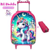 Kit Mochila Infantil Escolar Carrinho + Estojo Unicórnios Magic Prática Resistente Volta às Aulas Kit Mochila Infantil Escolar Carrinho + Estojo Unicórnios Magic Prática Resistente Volta às Aulas