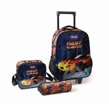 Kit Mochila Infantil Escolar com Rodinhas + Estojo e Lancheira Térmica Magic Kids Carros