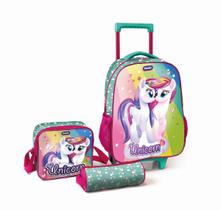 Kit Mochila Infantil Escolar com Rodinhas + Estojo e Lancheira Térmica Magic Kids Unicórnio