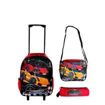 Kit Mochila Infantil Escolar com Rodinhas, Lancheira Térmica e Estojo -Estampa Vibrante de Carrinhos