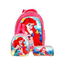 Kit Mochila Infantil Escolar + Lancheira Térmica + Estojo Ariel Pequena Sereia