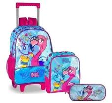 Kit Mochila Infantil Escolar Meninas Flamingo Rodinhas G