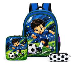 Kit Mochila Infantil Escolar Menino Lancheira Estojo Jogador