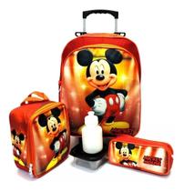 Kit Mochila Infantil Escolar Mickey Mouse Vermelho Rodinhas Tam G F5