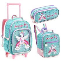 Kit Mochila Infantil Escolar Rodinha Denlex Lancheira e Estojo do Unicornio