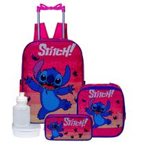 Kit Mochila Infantil Escolar Rodinha Stitch Com Lancheira e Estojo Tamanho G