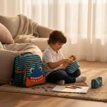 Kit Mochila Infantil Escolar Tubarão Laranja 3 Peças Mochila + Lancheira + Estojo Resistente e Espaçoso