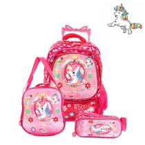 Kit Mochila Infantil Escolar Unicórnio Com Rodinhas