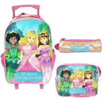 Kit mochila infantil feminina carrinho 16'' + lancheira 10'' e estojo princess