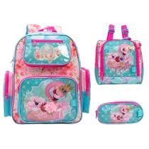 Kit Mochila Infantil Feminina Flamingo Costas Com Lancheira