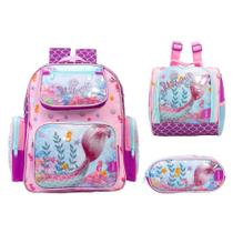 Kit Mochila Infantil Feminina Sereia Costas Com Lancheira