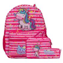 Kit Mochila Infantil Feminina Unicórnio Rosa Juvenil Costas